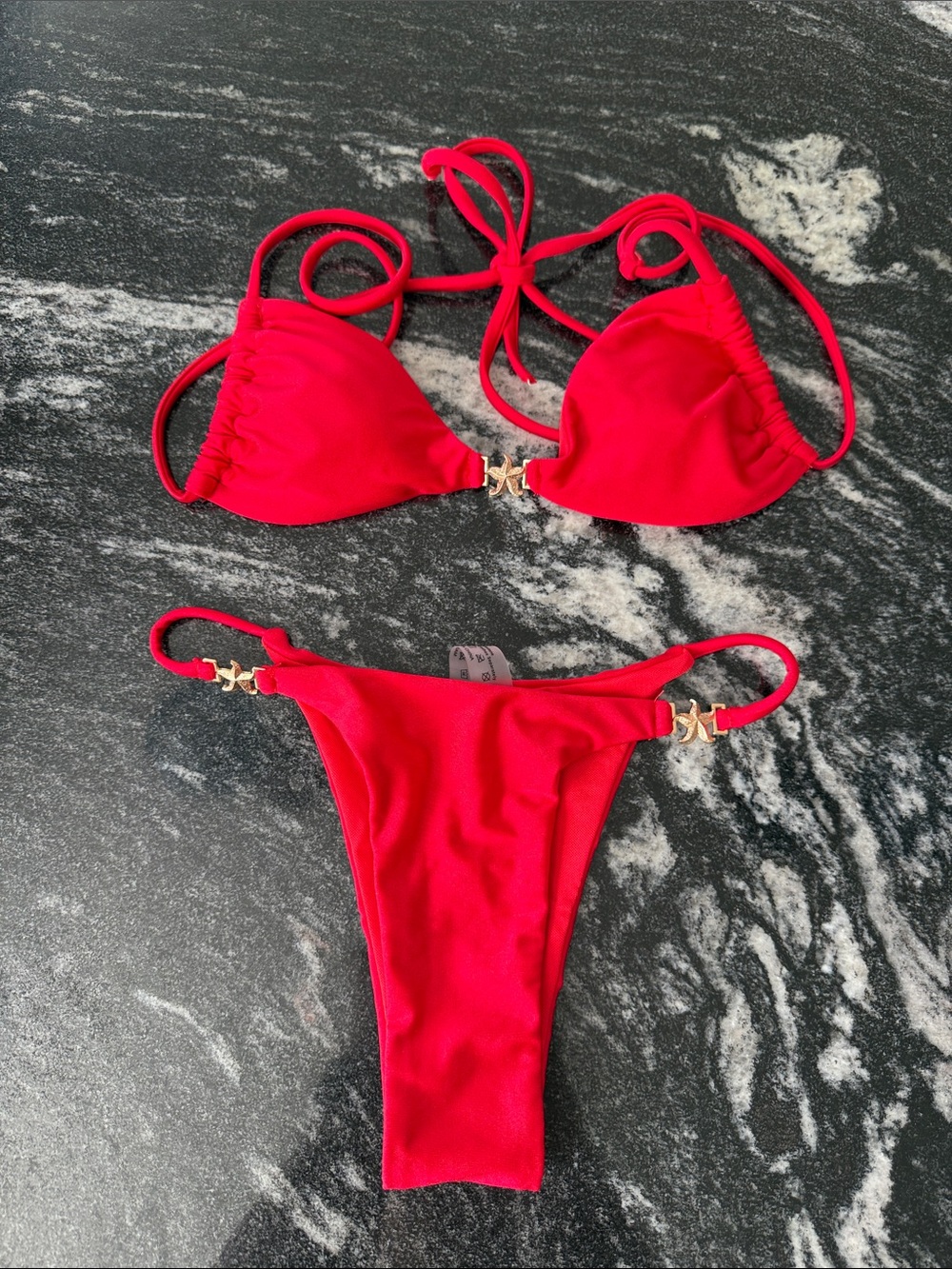 Red Two-Piece Cheeky Bikini with Gold Starfish Accents, XS, NEW/NEVER WORN